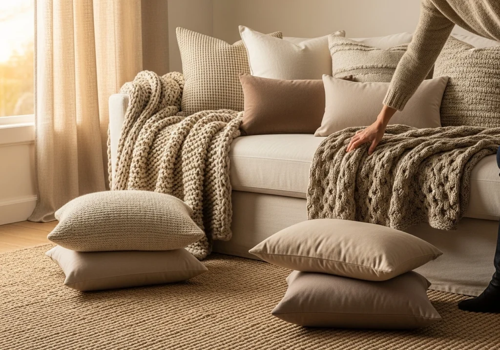 Cozy living room corner featuring layered textiles including throw blankets, cushions, and area rugs in warm neutral tones