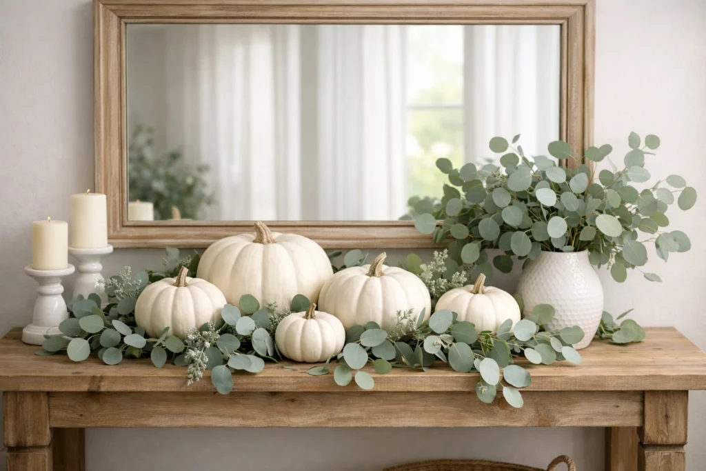 Arrange White Pumpkins with Greenery for Organic Autumn Vignettes
White Pumpkin Decor