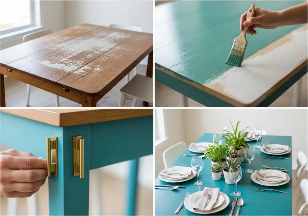 Before-after DIY dining table transformation from thrift store showing budget-friendly dining room makeover