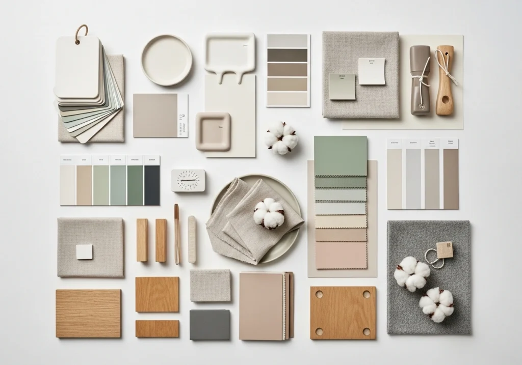 Professional color palette mood board showing warm neutral tones and natural fabric samples for slow living sanctuary design