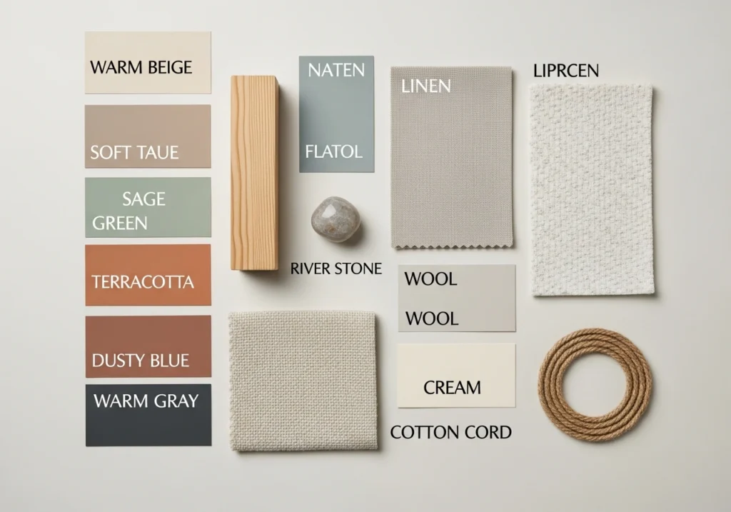 
Neutral color palette for calm home interiors featuring earthy tones, beige, sage green, terracotta and warm gray paint swatches