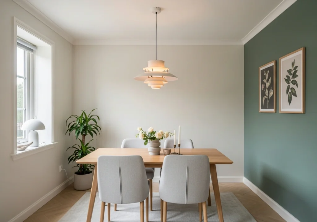 Small dining room with neutral colors and sage green accent wall creating spacious feeling