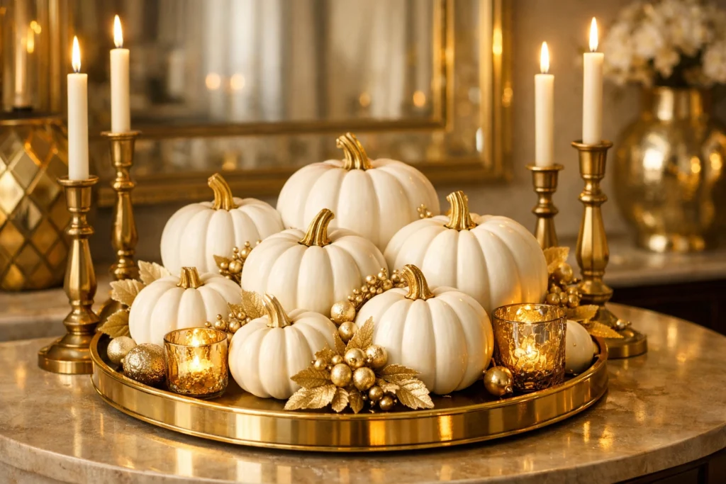 Combine White Pumpkins with Metallics for Sophisticated Style
White Pumpkin Decor