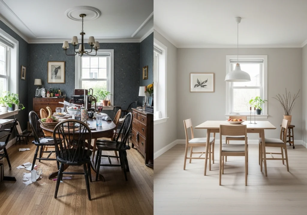 Before-and-after showing overcrowded vs minimalist small dining room design comparison