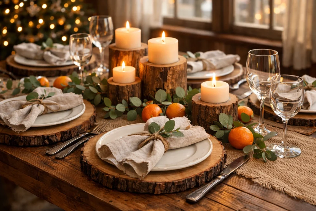 Cozy Farmhouse Christmas Table Setting Using Linen and Wood Accents