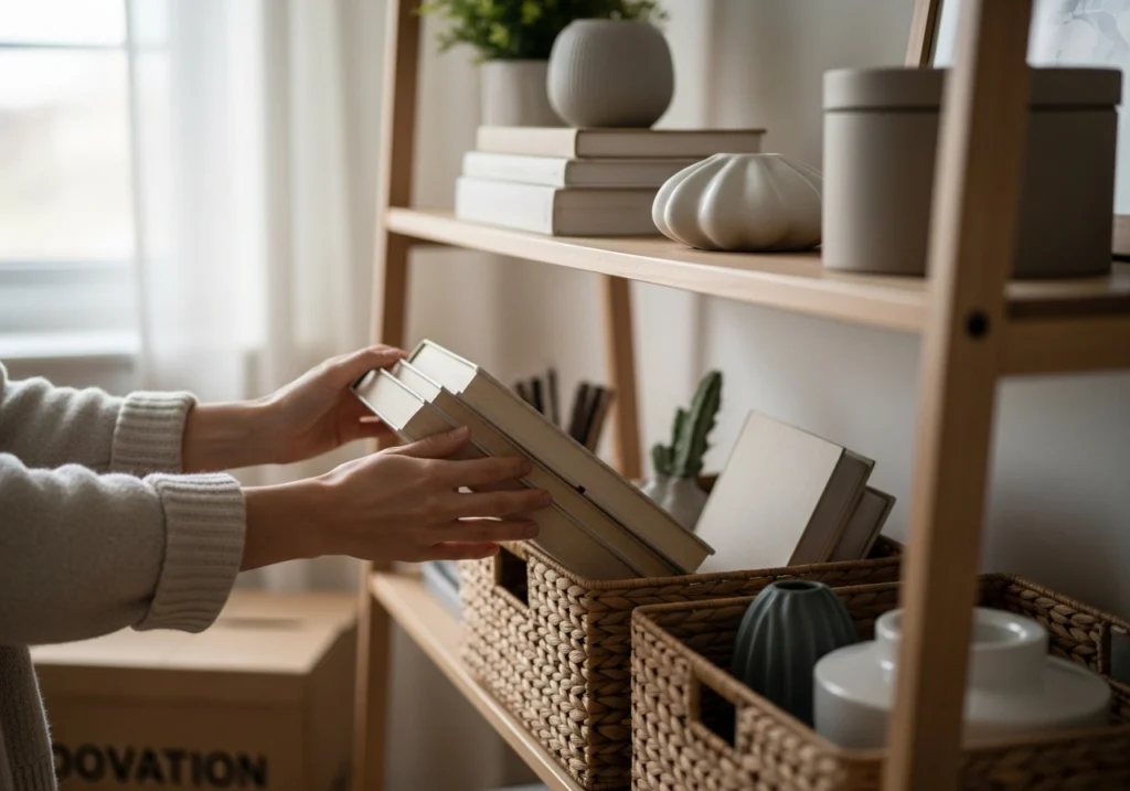 Hands carefully organizing and decluttering living room items into a woven storage basket as part of the slow living sanctuary transformation