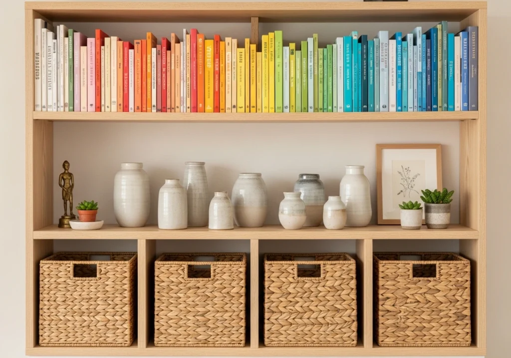 Decluttered and organized home storage with open wooden shelving, natural baskets, minimal decor and mindful furniture arrangement