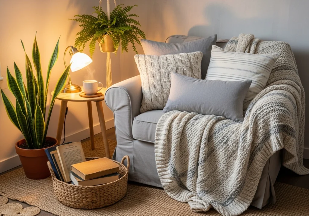 Cozy home decoration with textured throws, linen cushions, indoor plants, soft lighting and natural decor elements for relaxing space