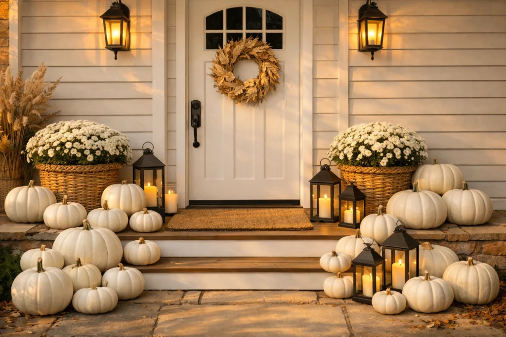 Design a Neutral Fall Porch Using White Pumpkin Displays