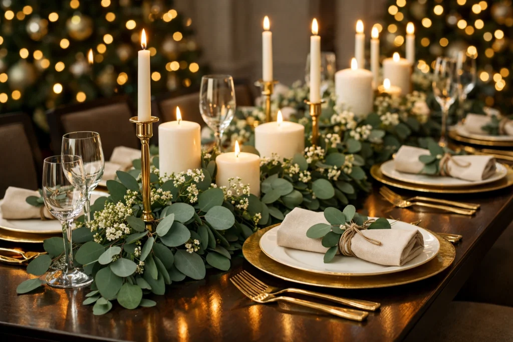 Elegant Christmas Table Setting with Eucalyptus and Candles