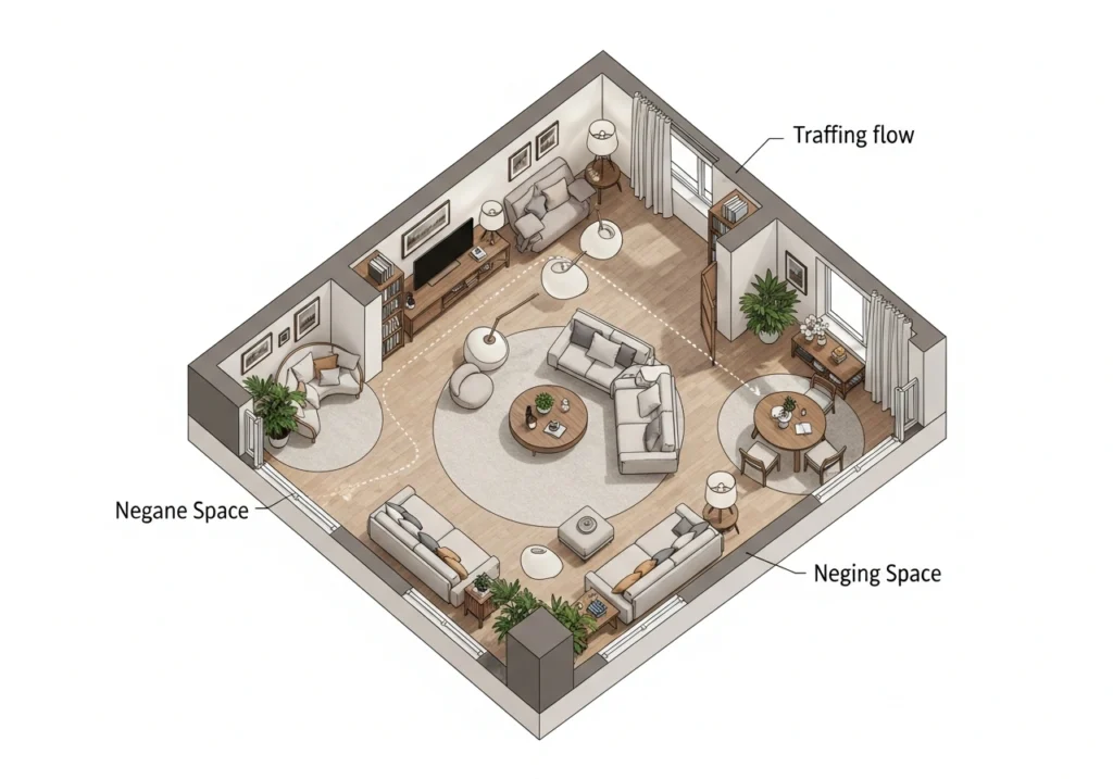 Top-down floor plan diagram showing optimal furniture placement and flow for a slow living sanctuary living room