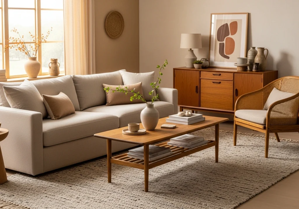 Wooden furniture for slow living including solid oak table, linen sofa, rattan chair and vintage credenza in cozy living room