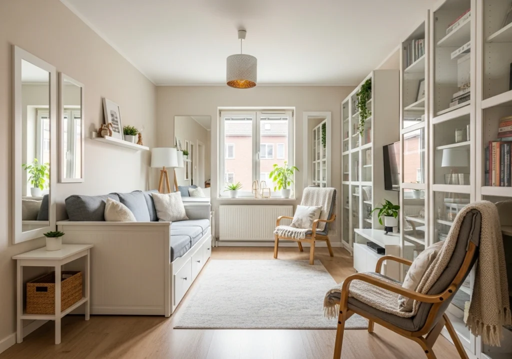 Small living room designed to feel spacious and peaceful using vertical storage, multipurpose furniture, and a unified color palette