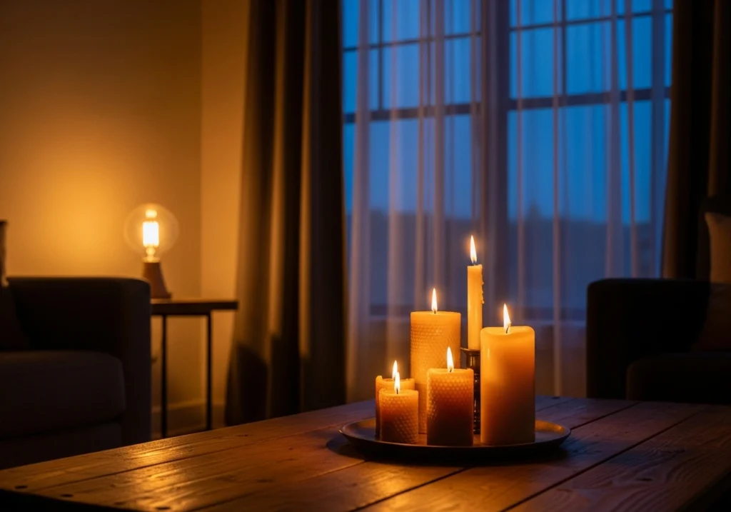 Soft lighting for cozy interiors with layered lamps, warm LED bulbs, beeswax candles and natural light for calm home atmosphere