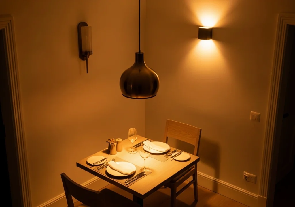 Pendant lighting above small dining table creating warm intimate atmosphere with layered lighting