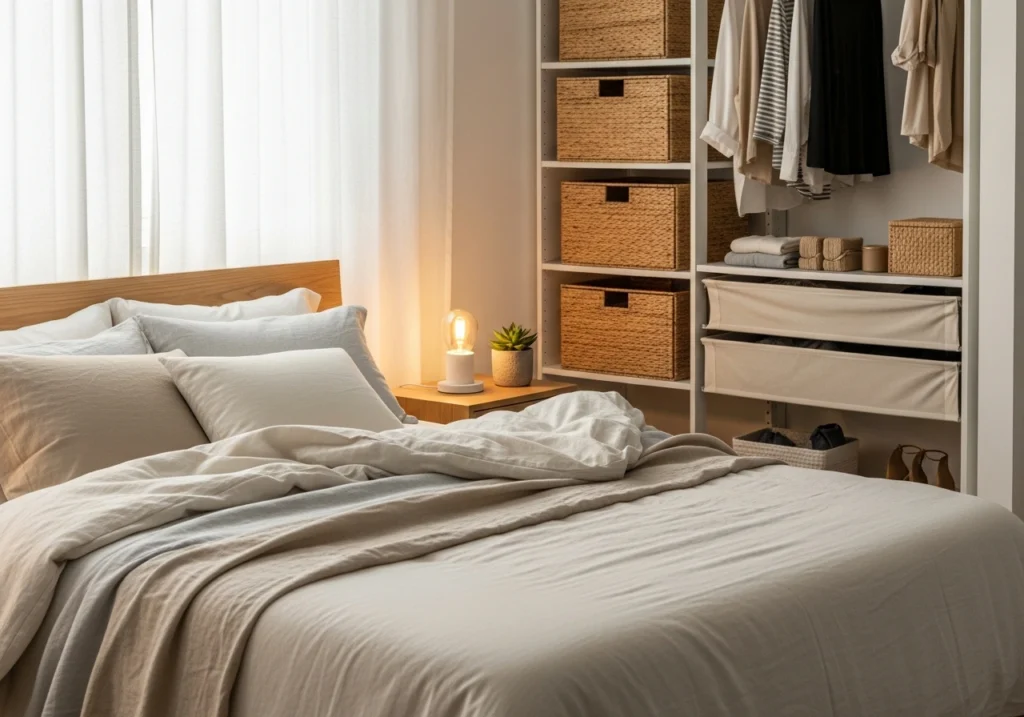 Calm home interiors with organized linen bedding, minimal nightstand, decluttered surfaces and peaceful home atmosphere for long-term mindful living