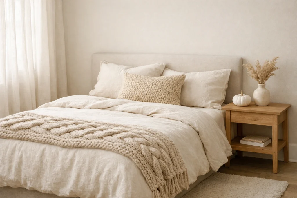 Minimalist Fall Bedroom Styling with Cozy Neutral Layers