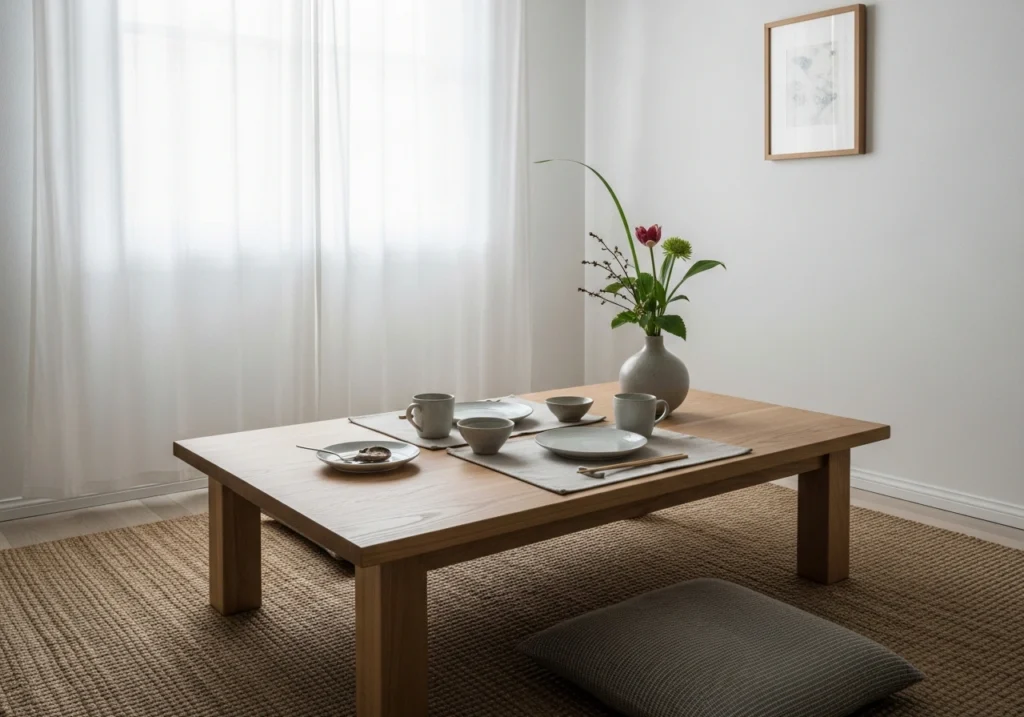 Zen-inspired minimal dining room with simple table, ceramic dishes, and no clutter