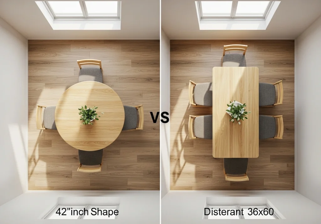 Side-by-side comparison of round table vs rectangular table in small 10x10 dining room