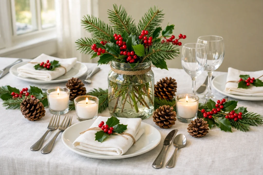 Simple Greenery and Berry Christmas Table Setting on a Budget