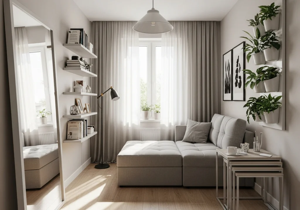 Small space cozy decor solutions with vertical storage, neutral colors, mirrors, multi-functional furniture in minimalist bedroom and living room