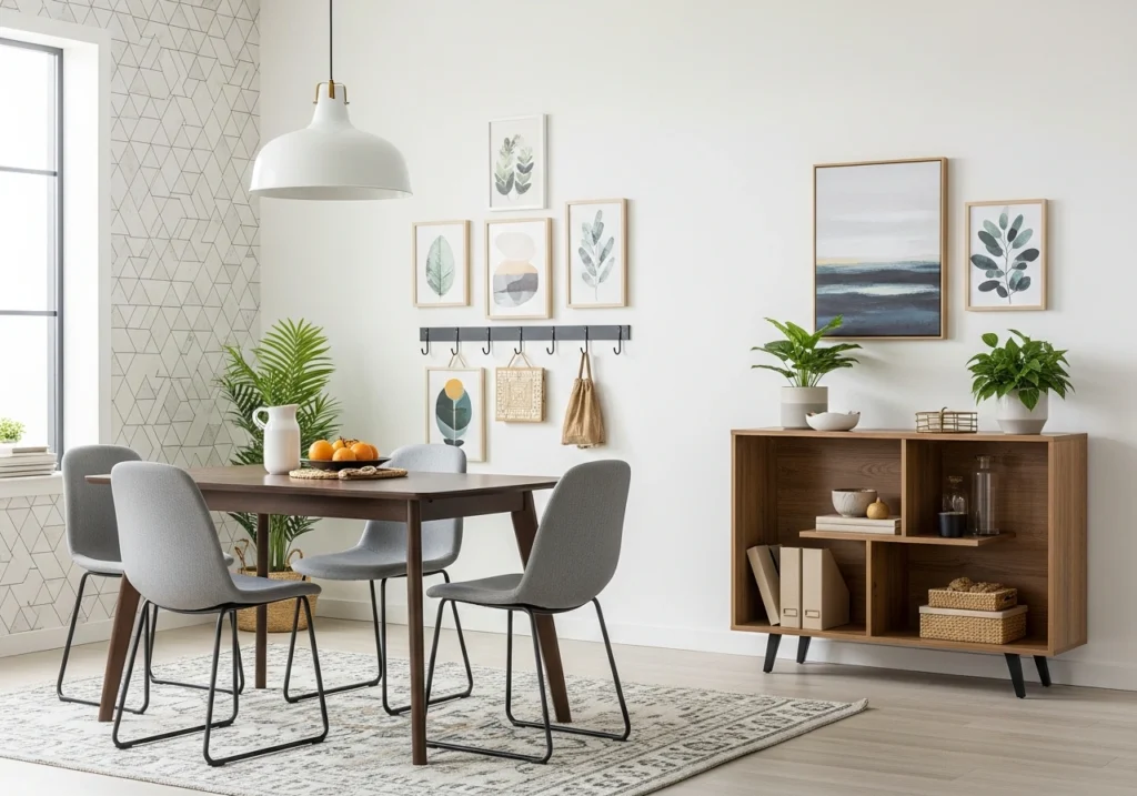 Apartment dining corner with removable wallpaper, command hooks, and portable furniture for renters