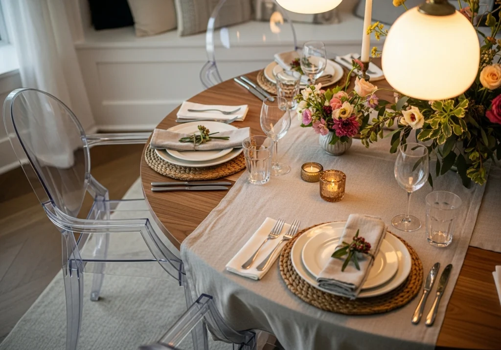 Round dining table with ghost chairs and warm lighting demonstrating smart furniture for small dining rooms