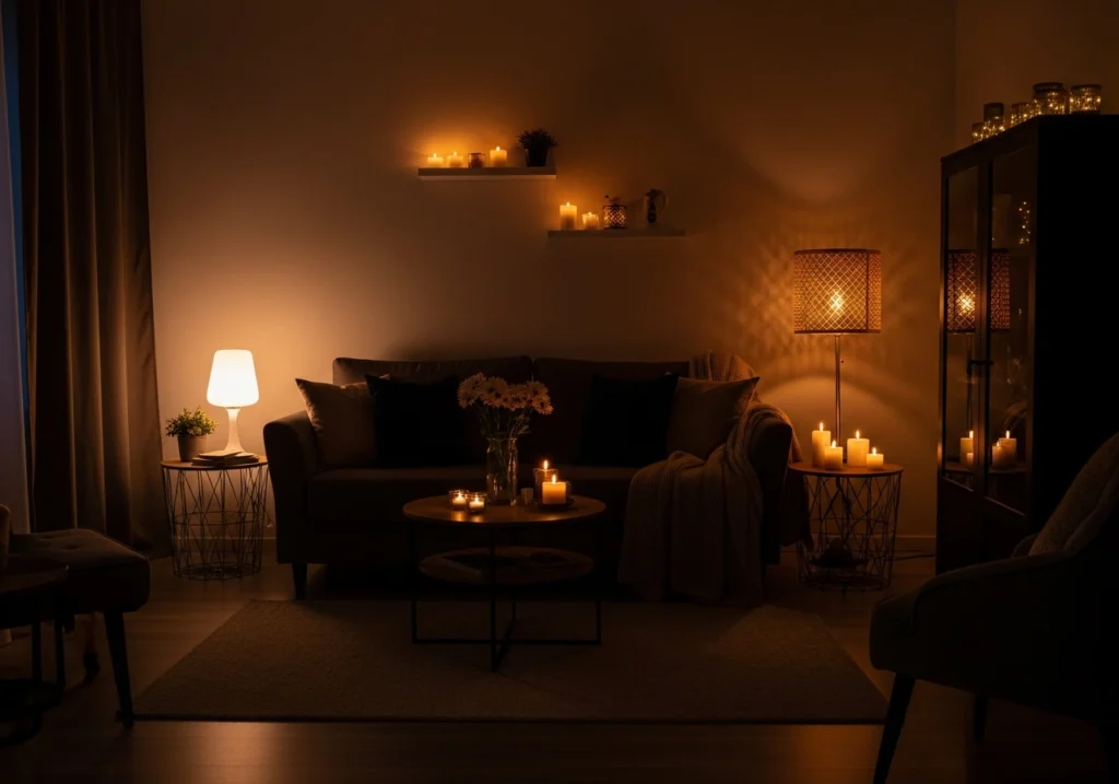 Evening living room with layered soft ambient lighting from lamps, candles, and warm light sources creating a peaceful atmosphere