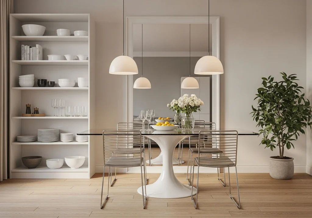 Small dining room with glass pedestal table and wall shelving showing space-saving dining ideas