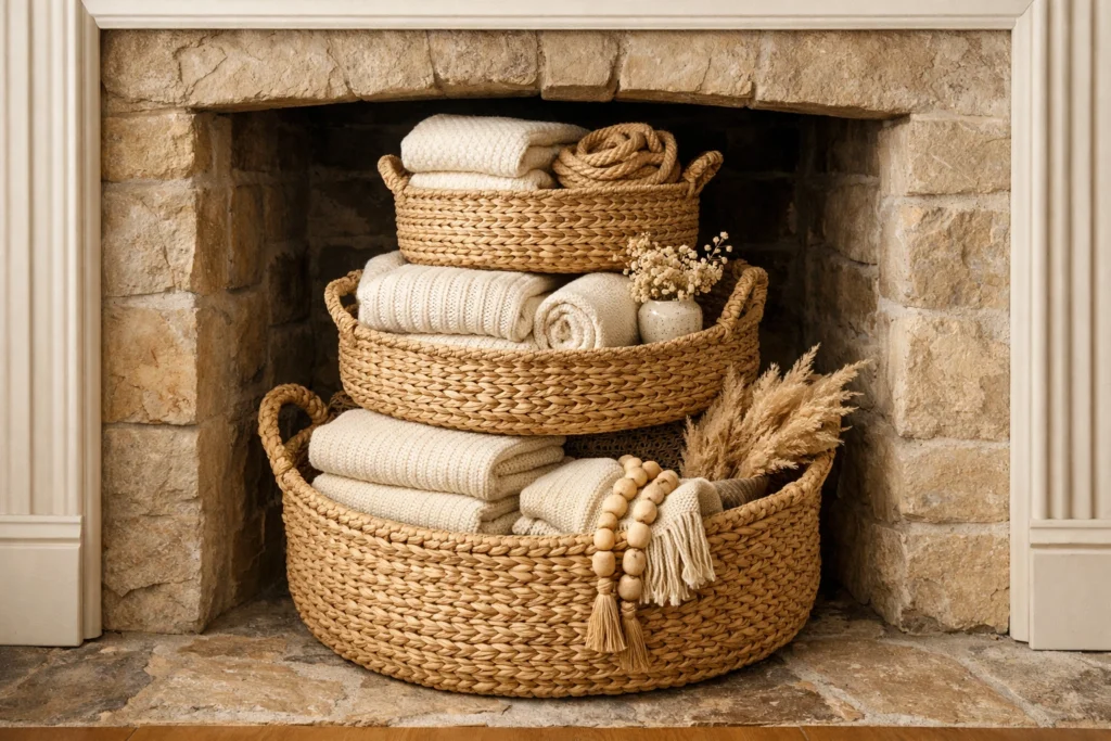 Style Your Unused Fireplace with Natural Woven Baskets