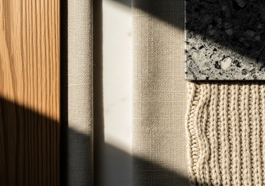 Close-up detailed view of natural materials including wood, linen, cotton, and wool textures used in slow living sanctuary design