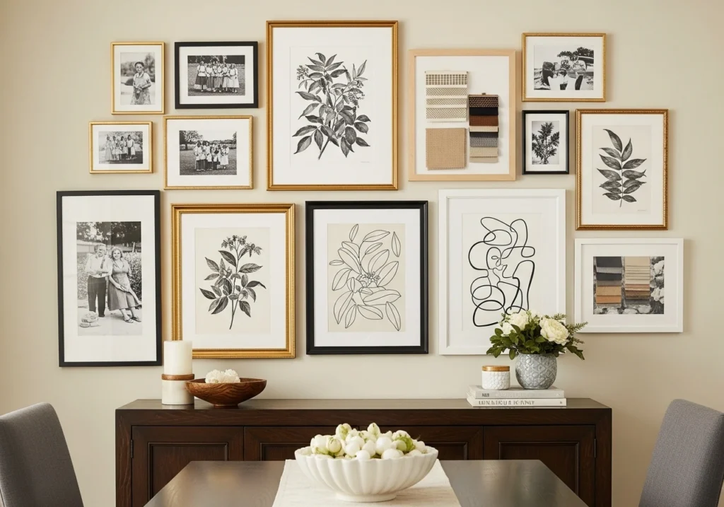Gallery wall arrangement with mixed frames and artwork above dining buffet in small space