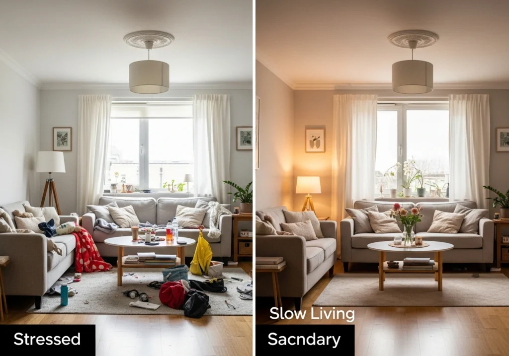 Before and after comparison of a cluttered busy living room transformed into a peaceful slow living sanctuary
