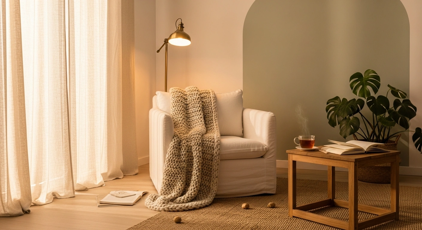 A serene minimalist living room sanctuary with soft warm lighting, cream furniture, and natural materials creating a calm and peaceful slow living space Slow Living Living Room Ideas