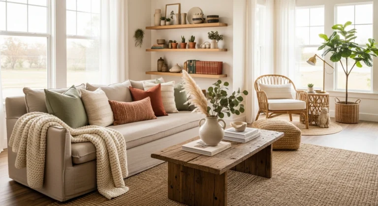 Cozy slow living home decor detail with linen armchair, chunky knit throw, wooden side table, natural textures and soft warm lighting for relaxing atmosphere Slow Living Home Decor