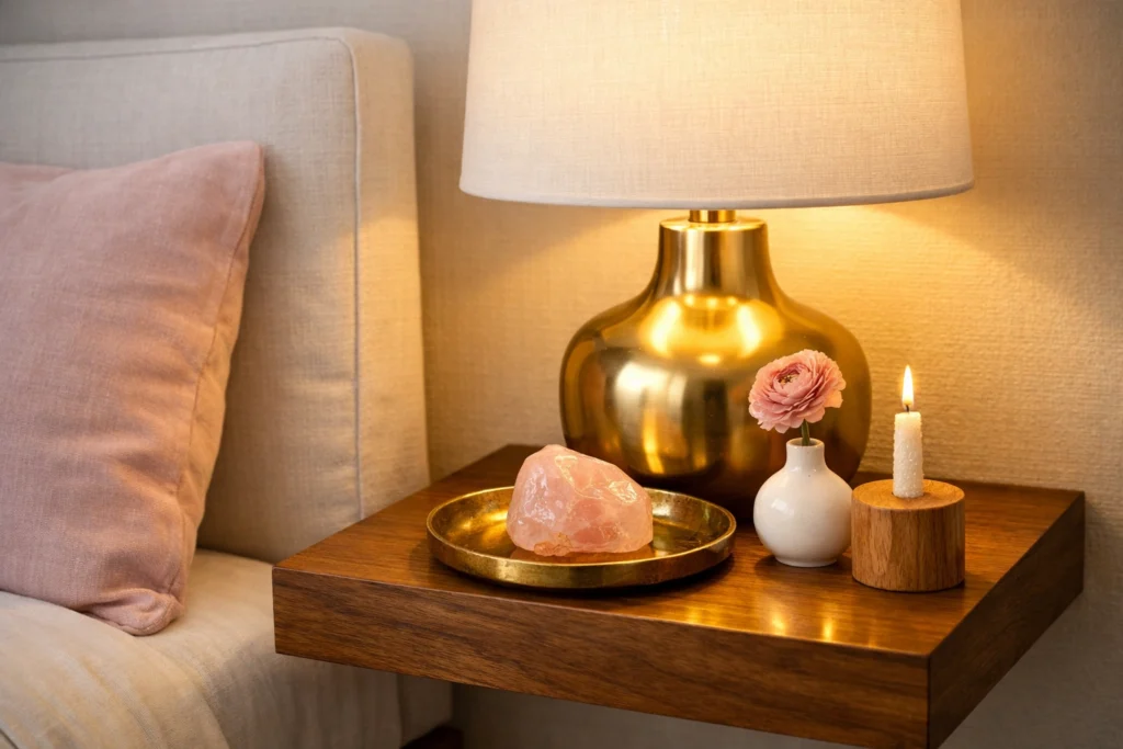 Add Gold and Natural Wood Accents to Your Pink White Bedroom