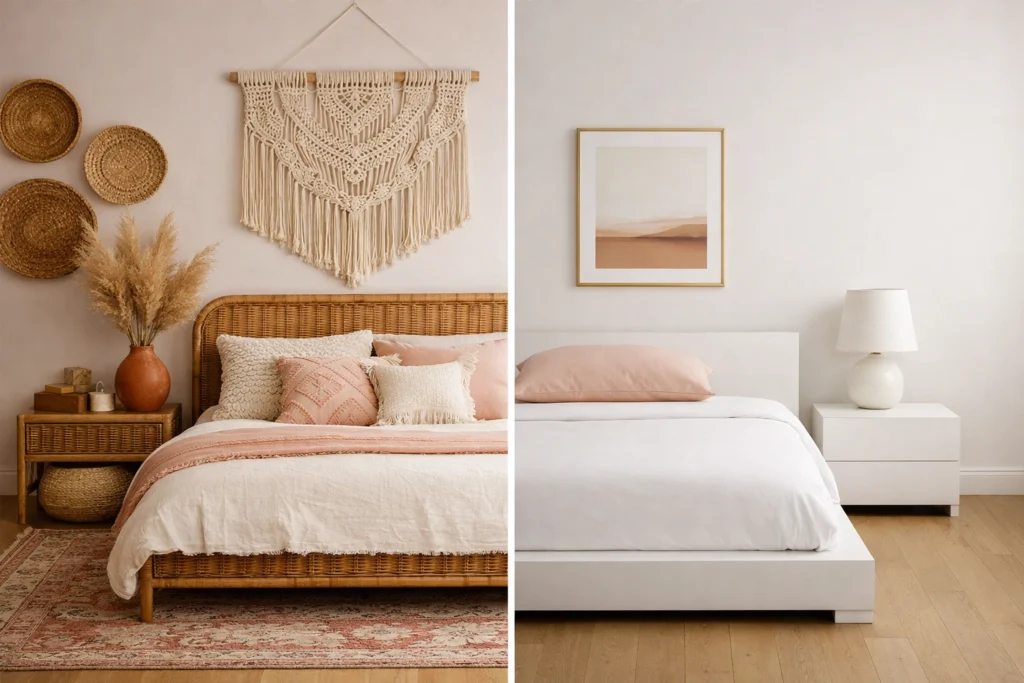 Boho and Minimalist Pink White Bedroom Styling Ideas