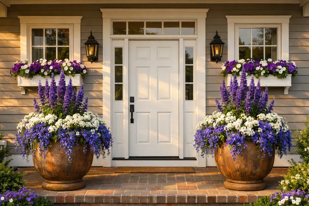 Front Porch Flower Combinations Using Purple White and Blue
