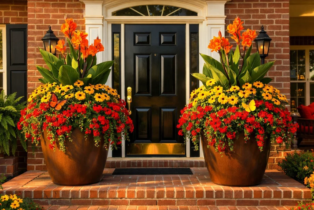 Front Porch Flower Combinations Using Yellow Orange and Red