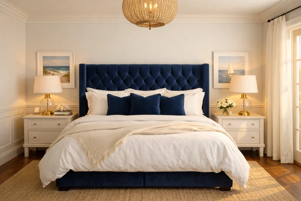 Idea 3 — Blue and White Hamptons Bedroom Style That Feels Like a Luxury Hotel