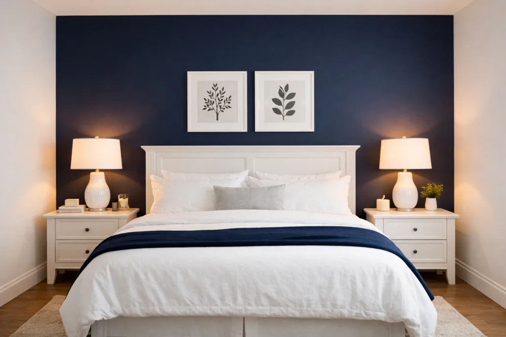 Idea 4 — Navy Accent Wall Bedroom With White Furniture and Linen Bedding