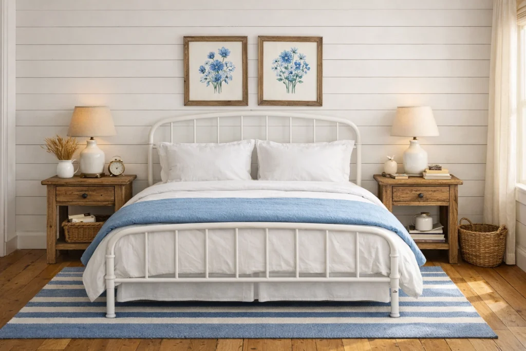 Idea 5 — Blue and White Farmhouse Bedroom With Shiplap and Linen Textures