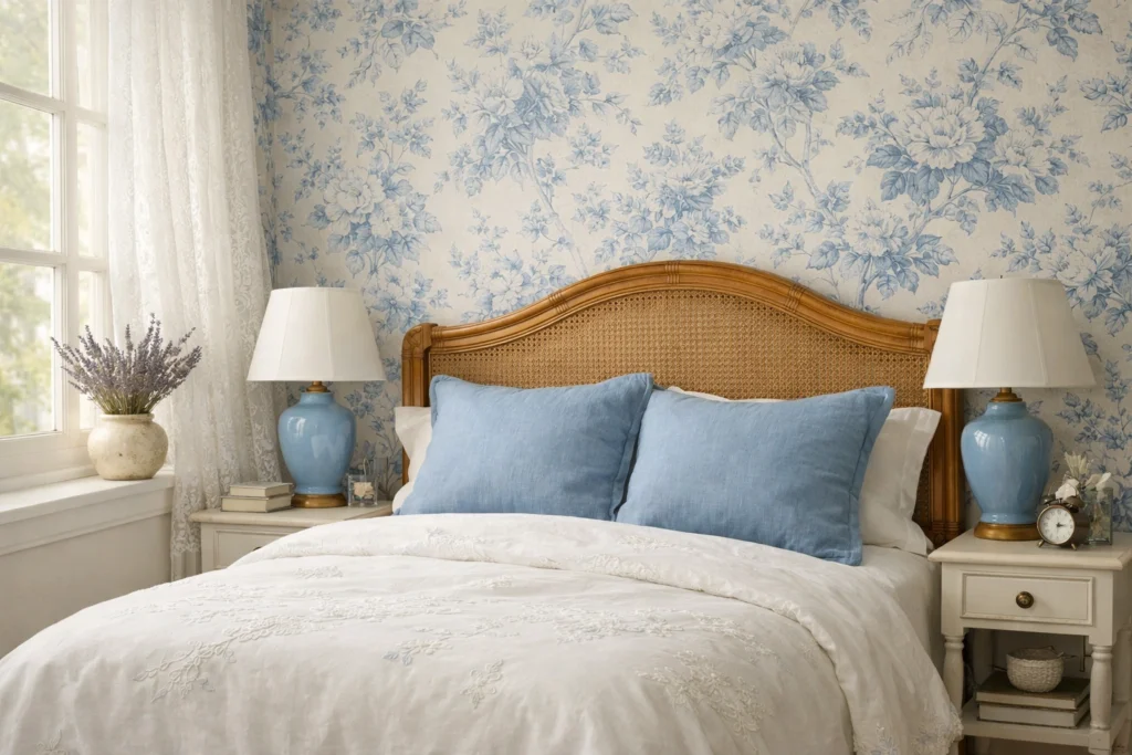 Idea 6 — French Country Blue and White Bedroom With Floral and Rattan Details