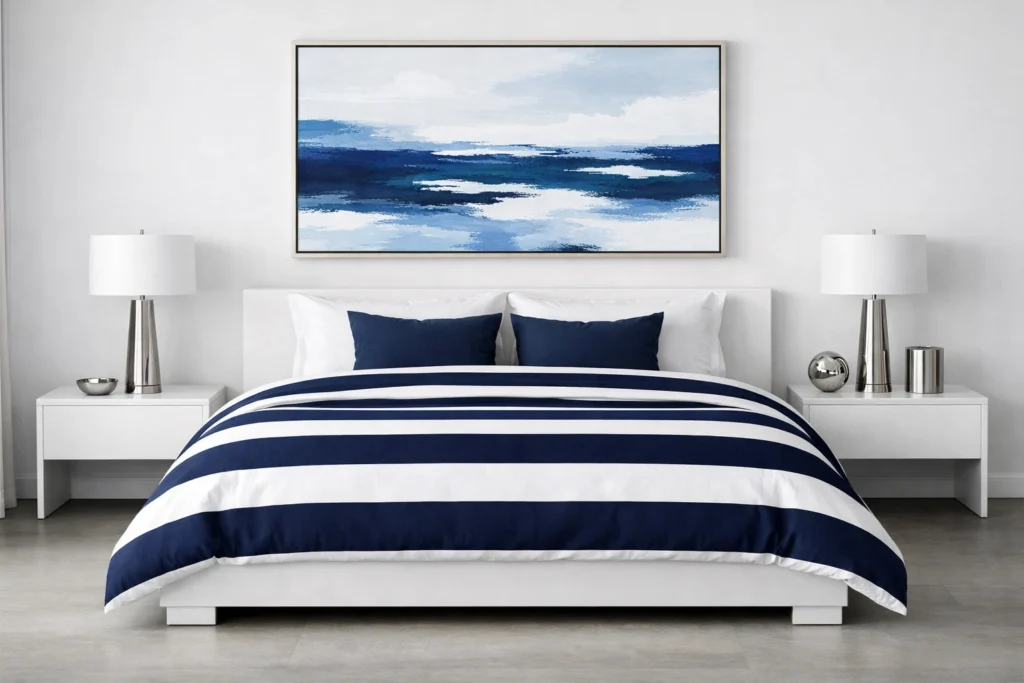 Idea 7 — Modern Coastal Blue and White Bedroom With Bold Graphic Patterns