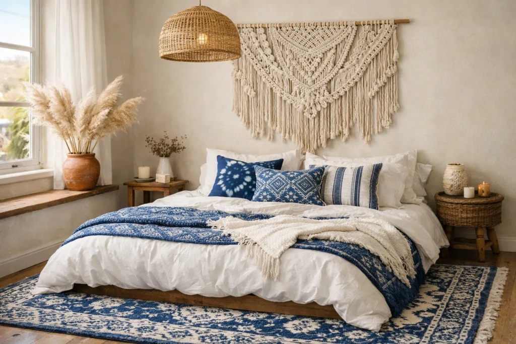 Idea 8 — Boho Blue and White Bedroom With Layered Textiles and Natural Elements