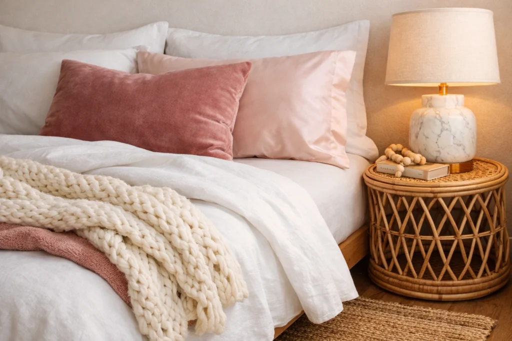 Pink White Bedroom Decor Ideas Using Texture and Layering