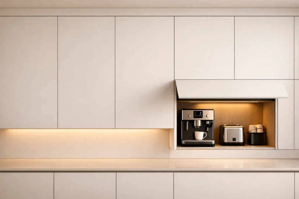 Trend 9 — Hidden Storage and Handleless Cabinets Define Seamless Kitchens