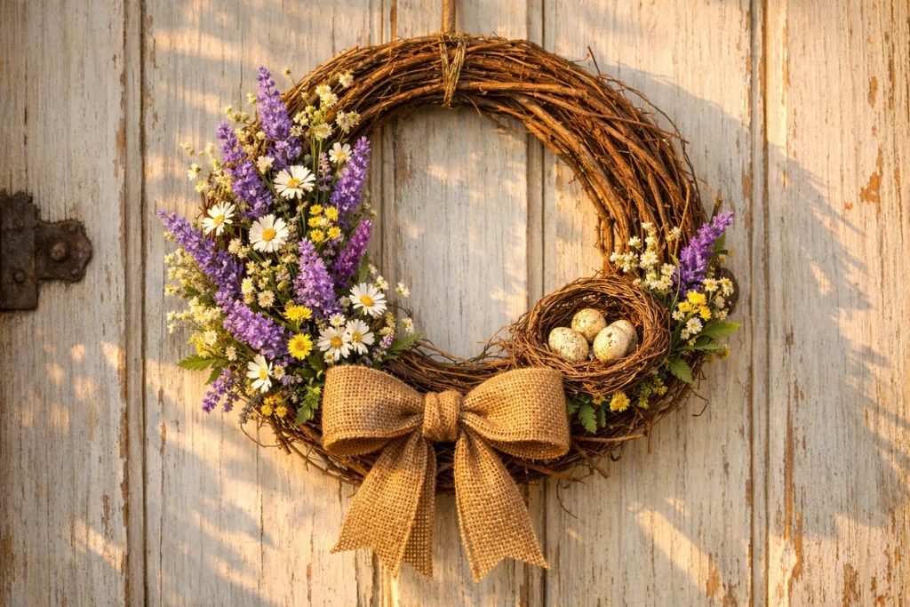 3 — DIY Grapevine Wreath With Wildflowers and Ribbon