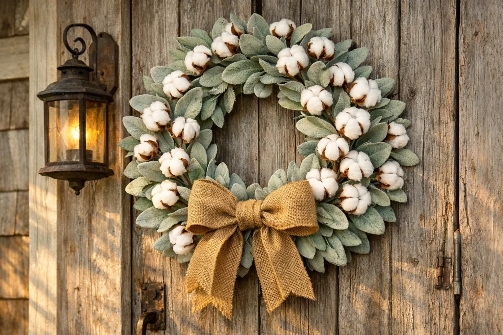 4 — Farmhouse Style Lambs Ear and Cotton Stem Wreath