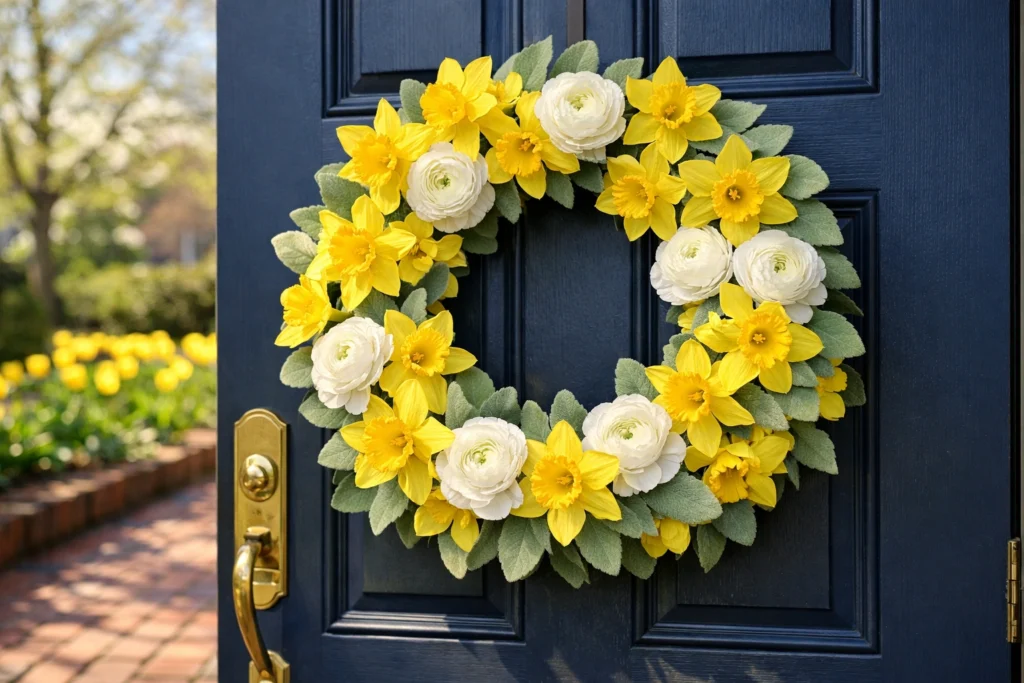 5 — Bright Daffodil Wreath for a Cheerful Front Door